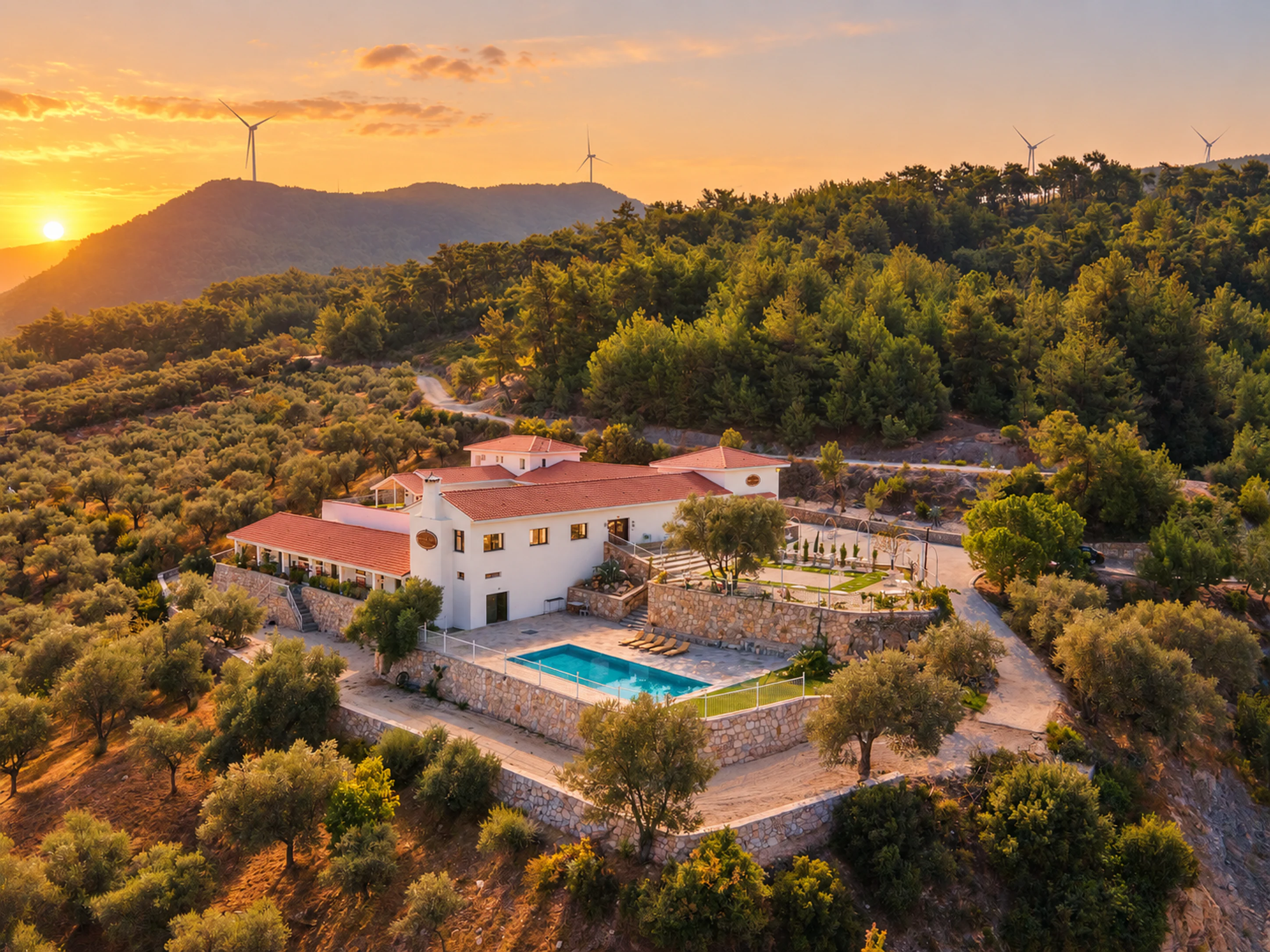 The countryside house at Chef’s Atolye in Kirazlı, among the olive hills at golden hour