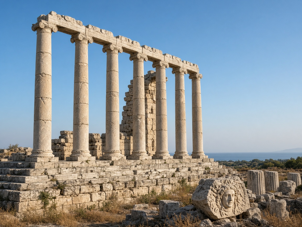 The standing columns of the Temple of Apollo at Didim, with the sea beyond