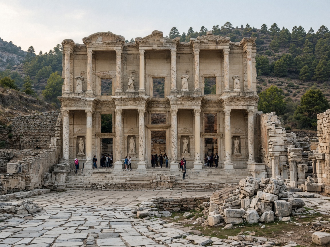 The marble façade of the Library of Celsus at Ephesus in the morning