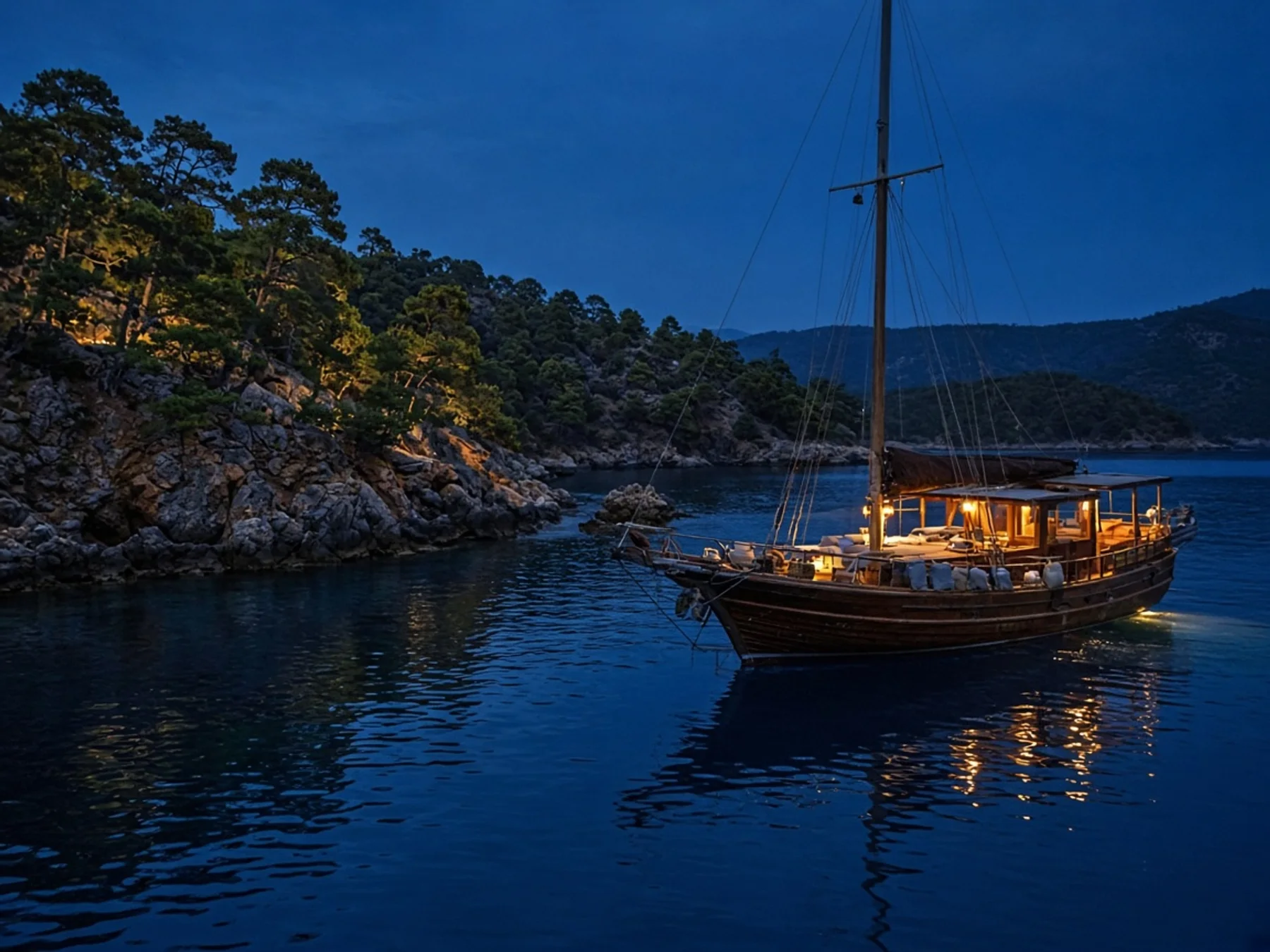 A private wooden boat anchored in a quiet Aegean cove at dusk, lamps lit on deck