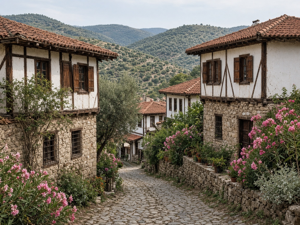 A cobbled lane of stone and timber houses in the hillside village of Şirince