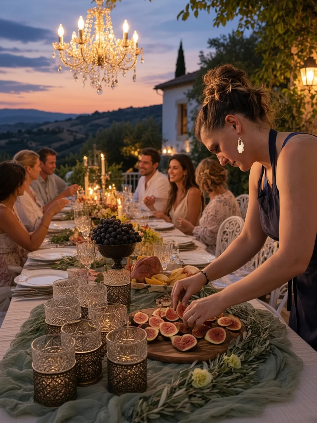 A cook arranging figs at the long table at dusk, guests seated under the chandelier