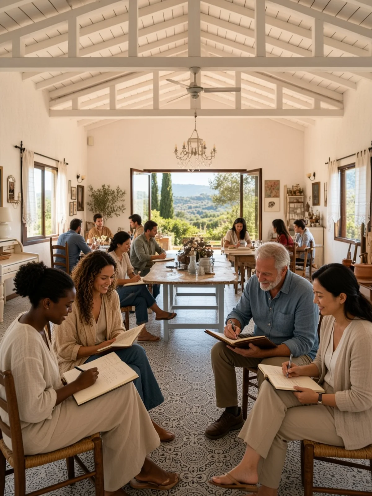 A group writing together in the white-beamed hall, the garden open behind them