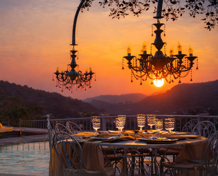 A candlelit dinner at sunset on the terrace at Chef’s Atolye